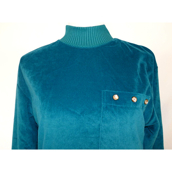 Teal Velveteen Pullover Longsleeve Mock Turtle Neck Small Vintage Haband for Her - Picture 4 of 16